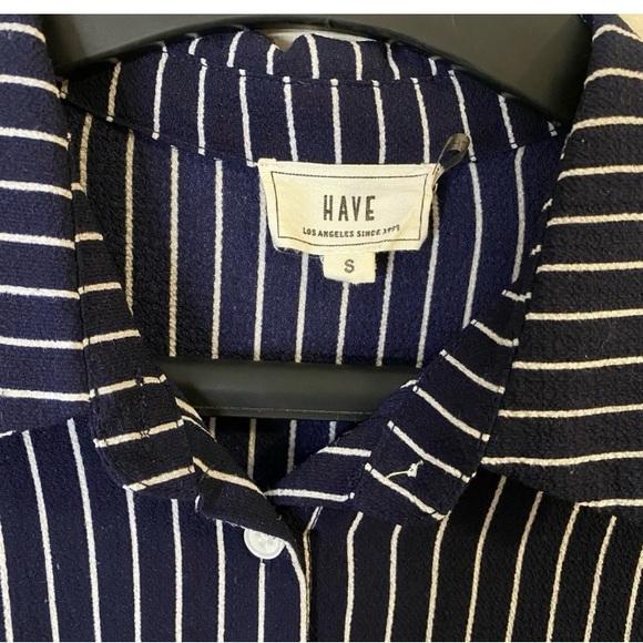 Have Navy and White long sleeves Striped midi Dress Shirt with front tie - Picture 5 of 12